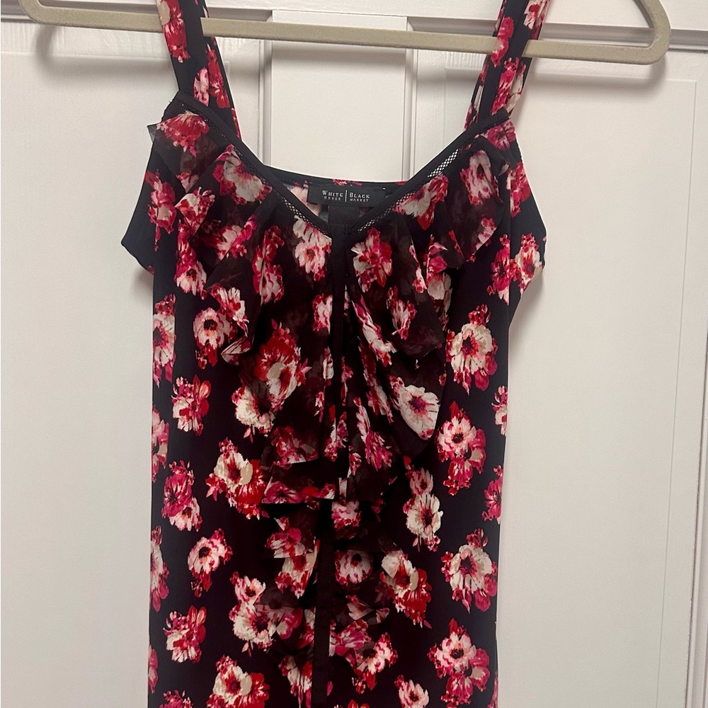 White House Black Market Black and Pink Ruffled‎ Tank Top